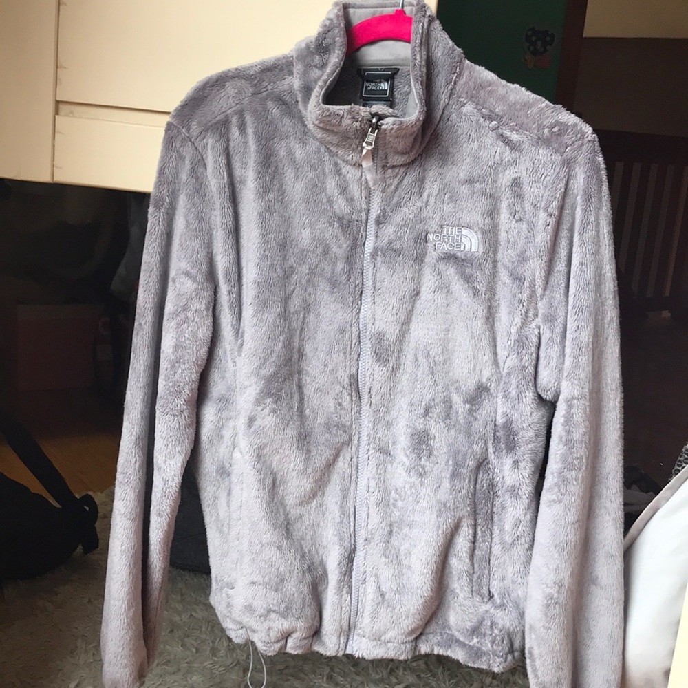 Gray fuzzy North Face jacket